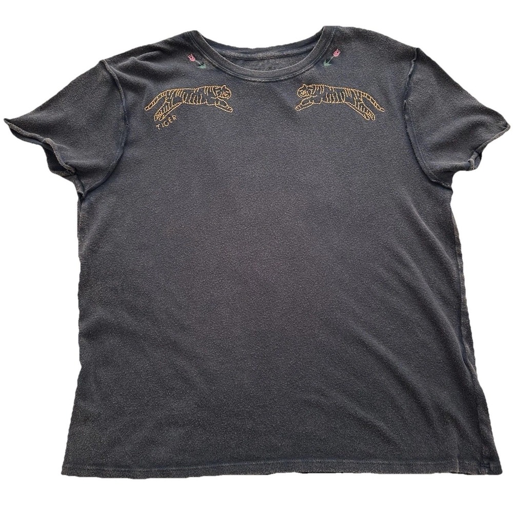Free People Horsin' Around Tee Shirt Embroidered Tiger Size XS Grunge Boho Glam